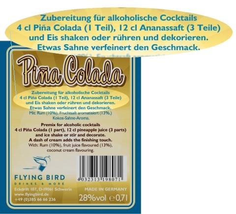 Pina Colada Cocktail Flaschen Rücketikett